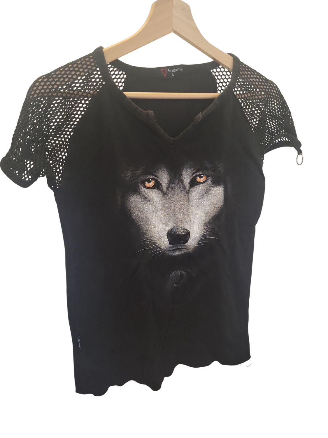 Schwarzes T-Shirt mit Wolfsmotiv und Netzärmeln - Größe M