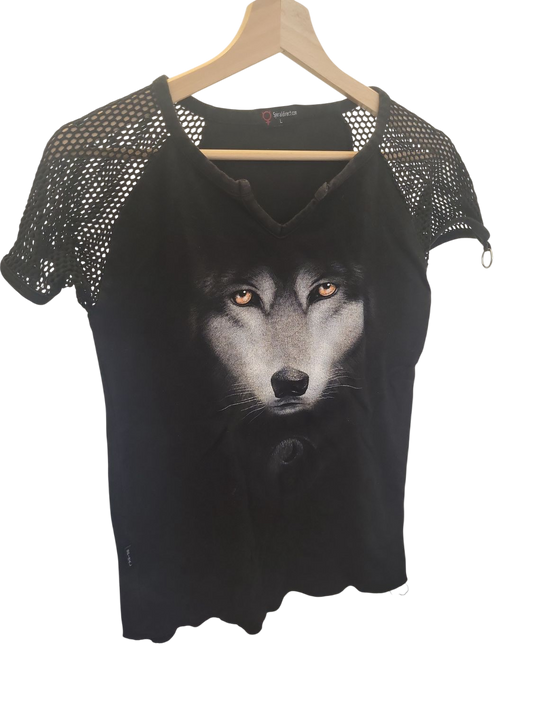 Schwarzes T-Shirt mit Wolfsmotiv und Netzärmeln - Größe M