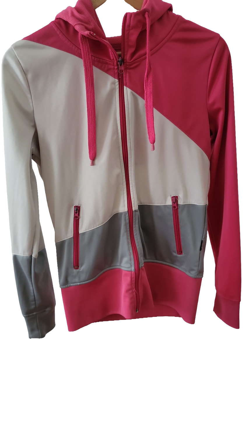 Damen Sport-Kapuzenjacke Colorblock Pink/Grau/Weiß – Größe XL
