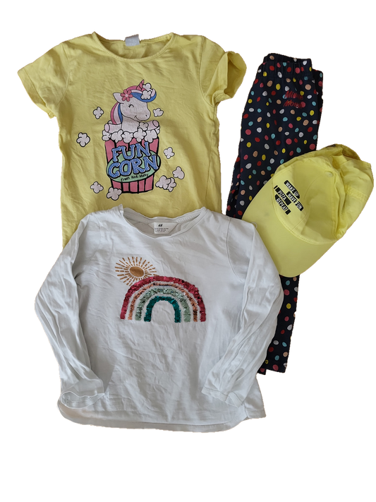 H&M Kiki Koko Mickey Alltags Kleidungspaket 110-116 Multi Regenbogen Einhorn Shirt Leggings Cap Set