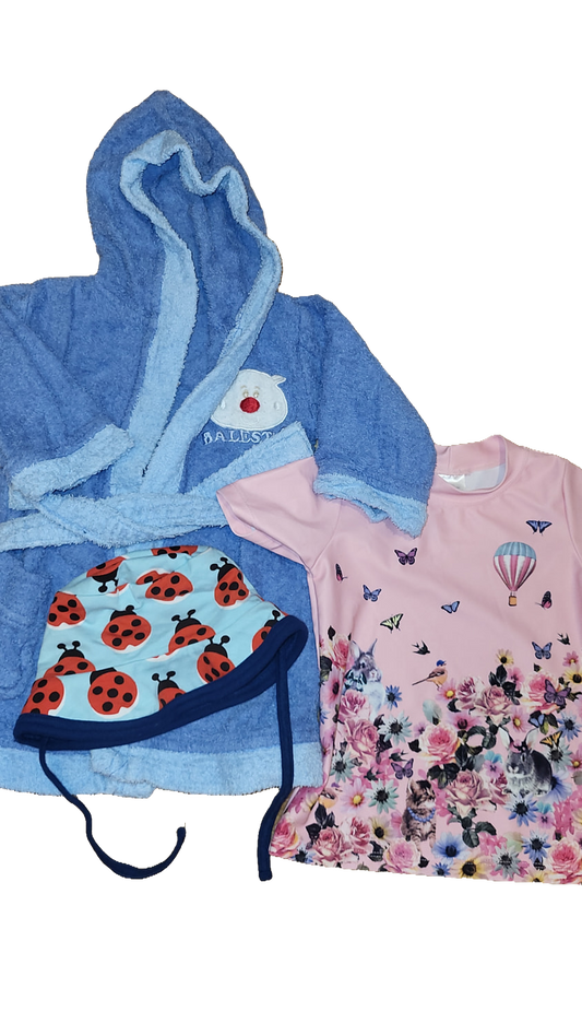 H&M UV-Shirt 98/104 Pink Bademantel Blau Maxomorra Muetze Set