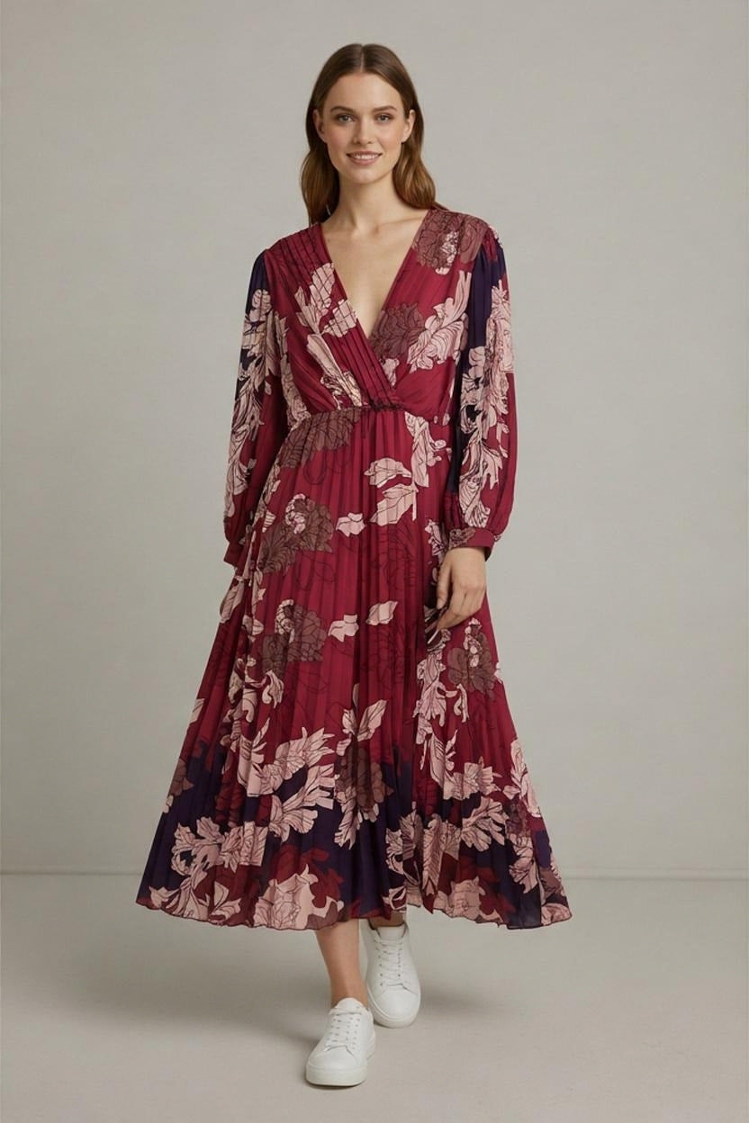 New Collection Blumen Maxikleid V-Ausschnitt Plisseerock Raffung Hochzeitgast Sommerfest Gr 42/44