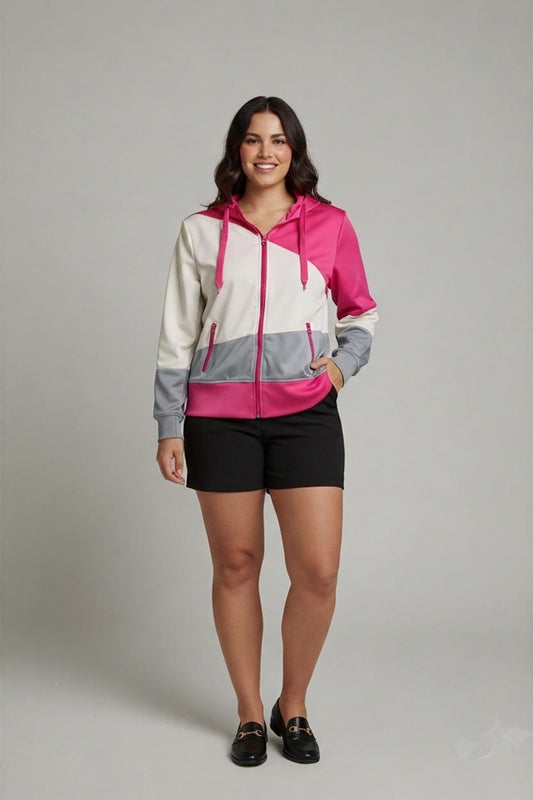 Damen Sport-Kapuzenjacke Colorblock Pink/Grau/Weiß – Größe XL