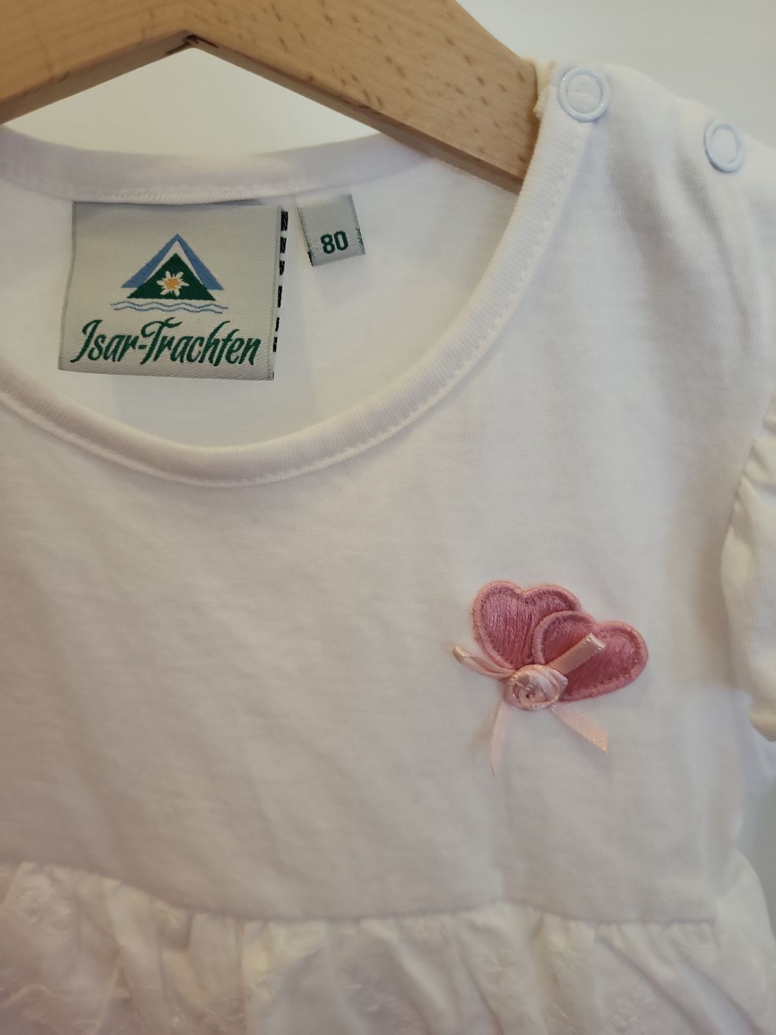 Isar-Trachten Baby Strampler Weiß mit rosa Details Größe 80