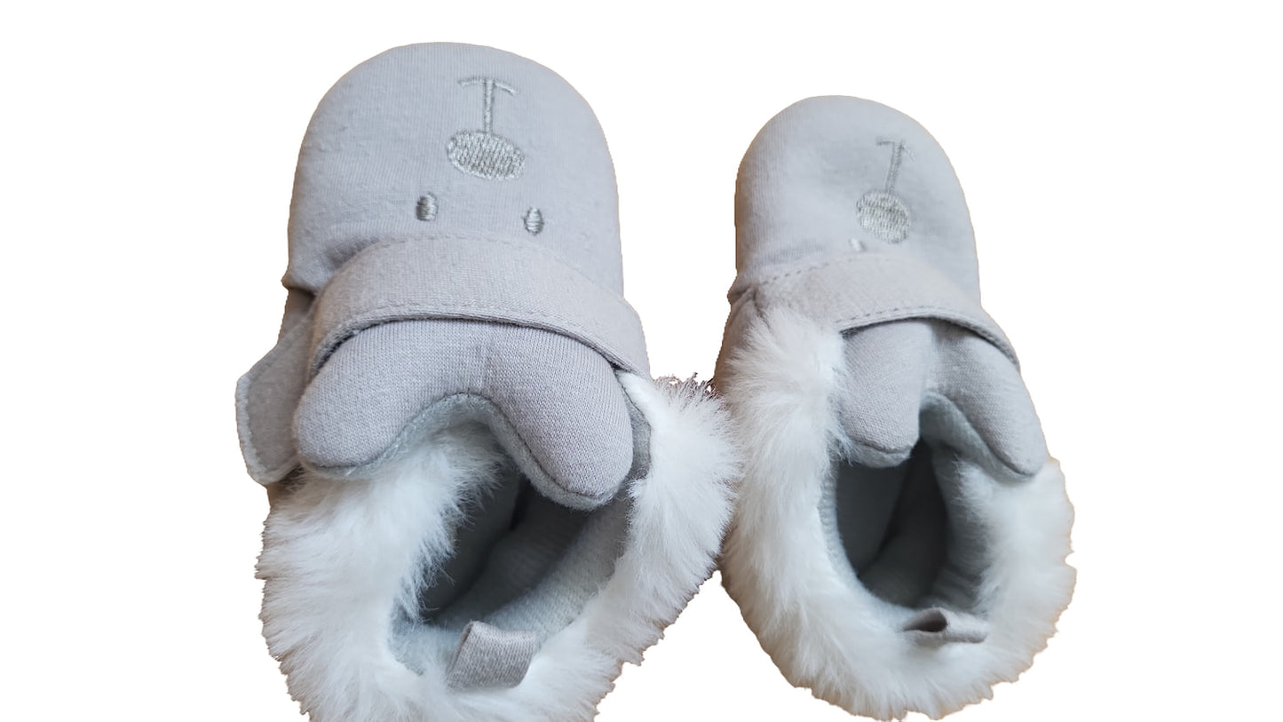 Baby Krabbelschuhe Set Grau Beige Bär Katze Kunstfell Winter