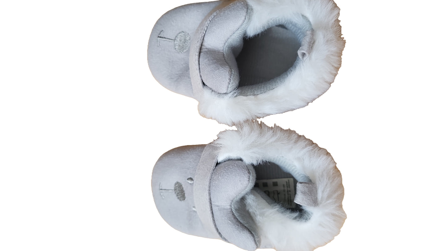 Baby Krabbelschuhe Set Grau Beige Bär Katze Kunstfell Winter