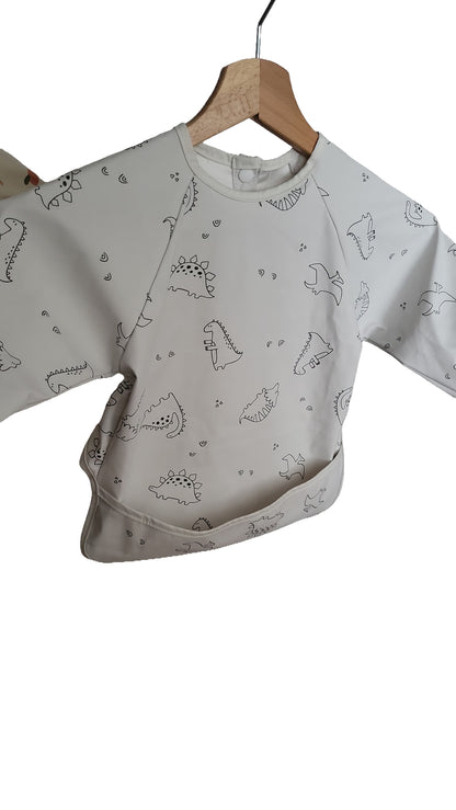 Baby Kleinkind Lätzchen Set Langarm Creme Weiß Dino Baum Motiv Wasserdicht 2er