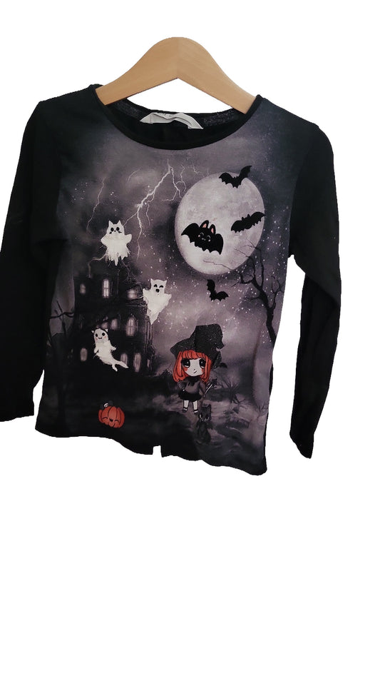 H&M Langarmshirt 98 104 Schwarz Halloween Hexe Fledermaus Gespenst Kürbis Shirt Kinder
