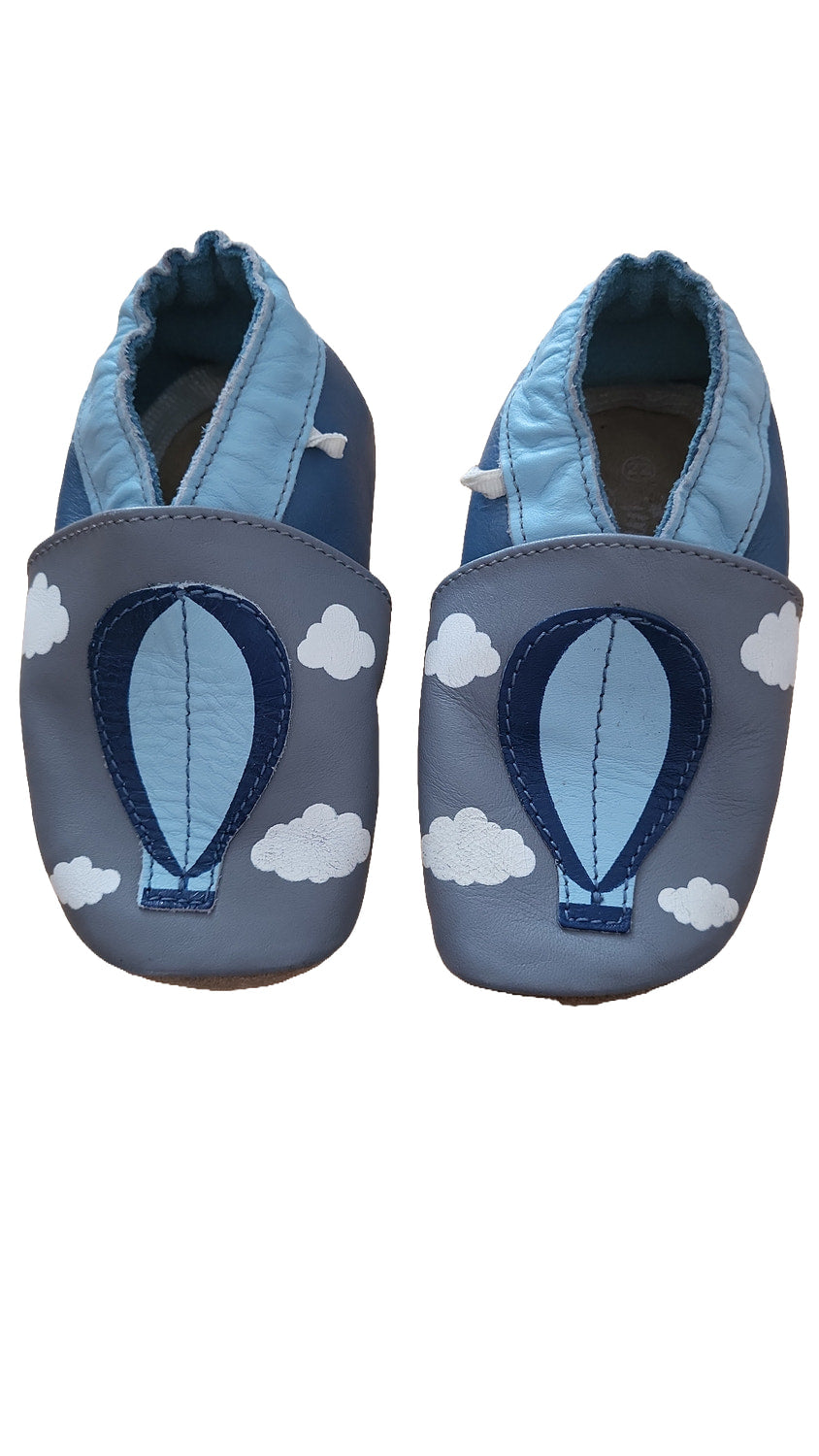 Impidimpi Krabbelschuhe Gr 22 Patschen Erstlingsschuhe Babyschuhe Grau Blau Wolken Heißluftballon