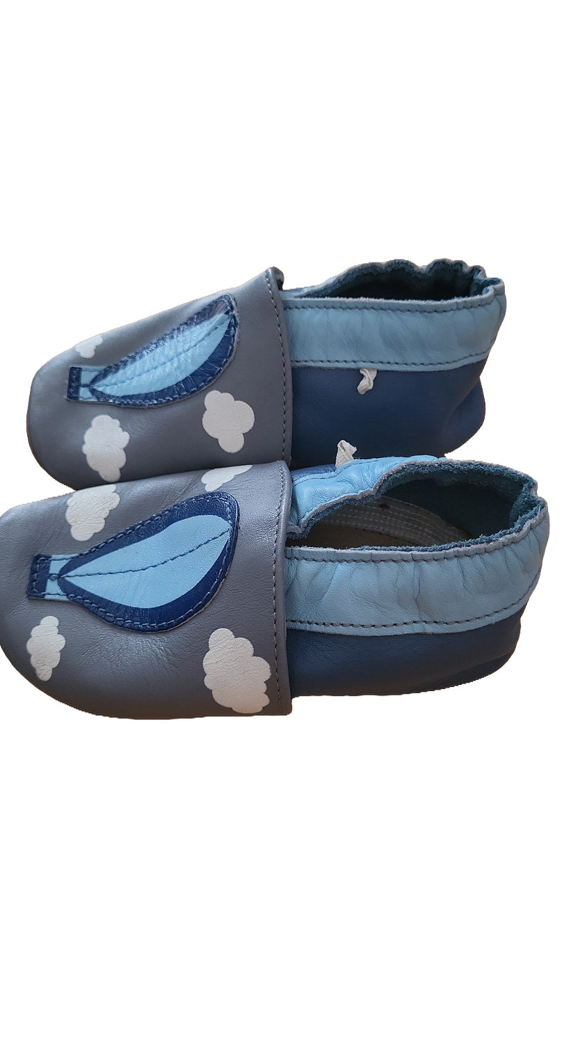 Impidimpi Krabbelschuhe Gr 22 Patschen Erstlingsschuhe Babyschuhe Grau Blau Wolken Heißluftballon