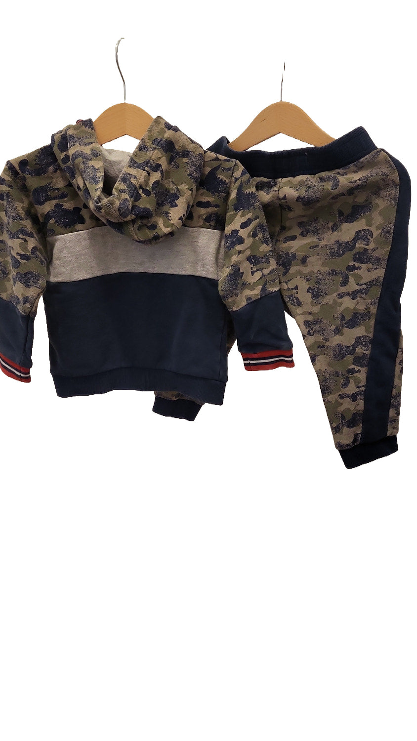 Back of the hooded jacket and the back of the joggers, showing the plain navy lower back and the navy side stripe on the trousers.
