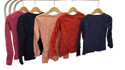 Back view of the five long-sleeved tops on hangers, showing plain backs with no prints; the pink top has a small embroidered logo on one sleeve.